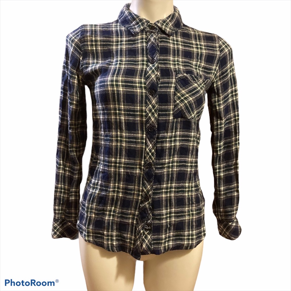 - Rails blue and green plaid button up shirt